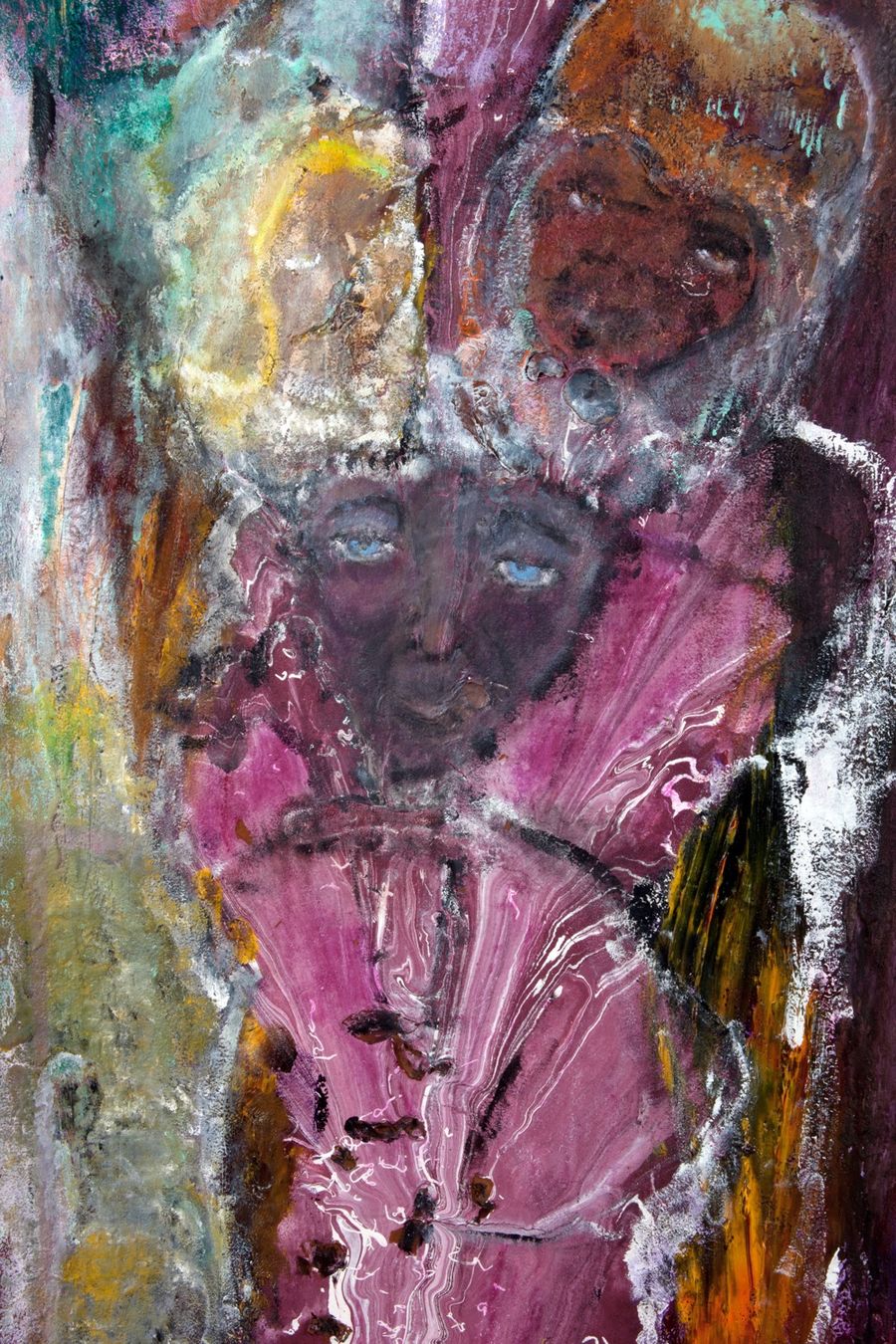 Toile d'Antonio Mahy, figures sur fond fuchsia